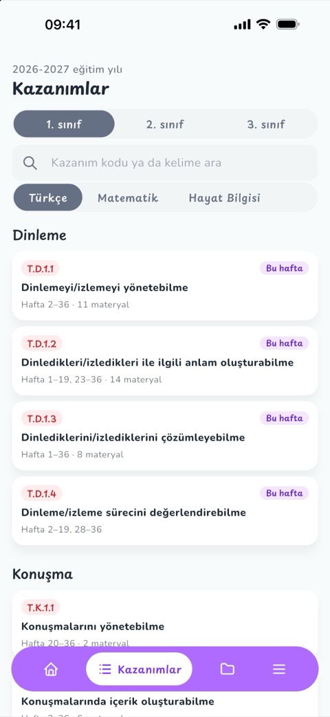 Kazanımlar: yılın öğrenme çıktıları ders ders